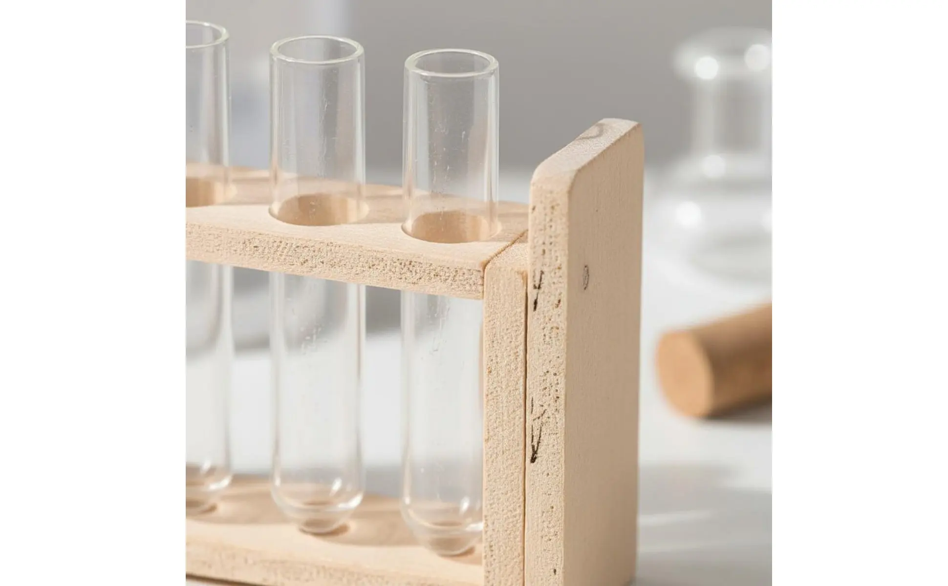 Tubo de vidrio transparente en una gradilla de miniatura