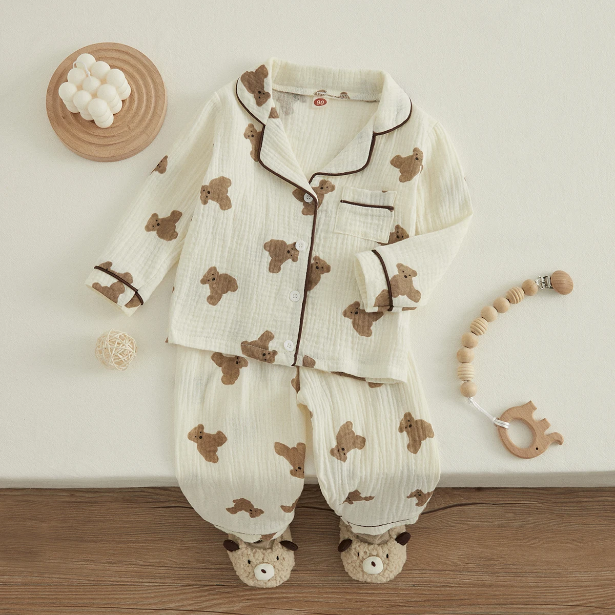 VISgogo Pijama de lino y algodón con estampado de oso para niño - imagen 3