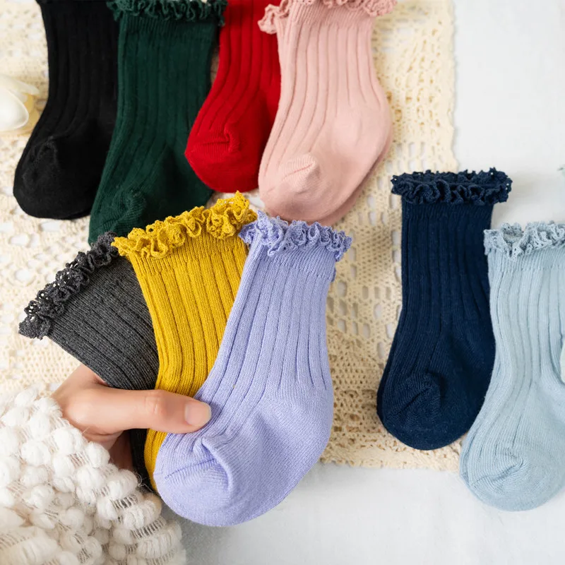 Calcetines cortos con volantes para niña – Algodón suave floral escolar