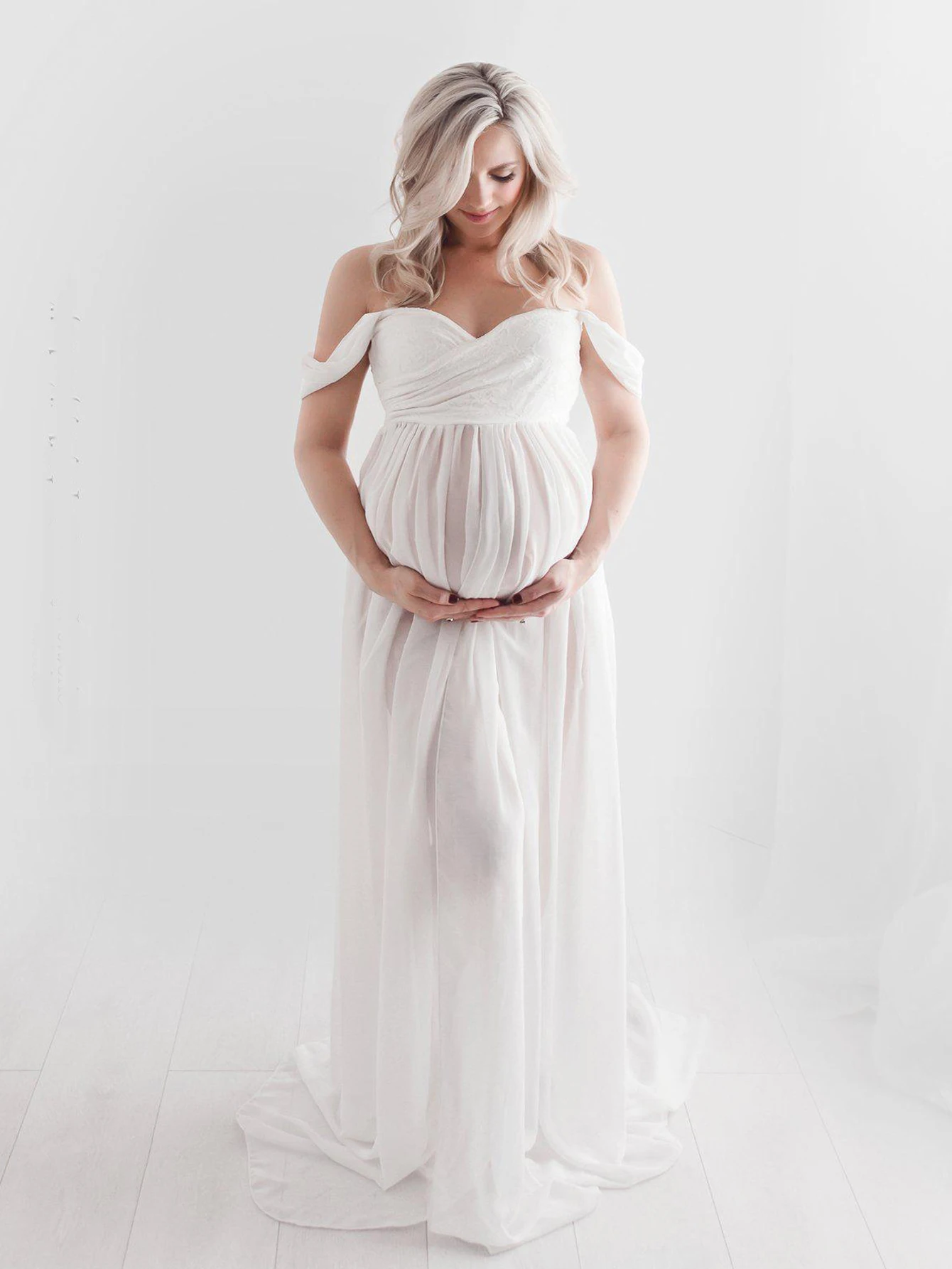 JustVH Vestido de maternidad en encaje y gasa con hombros descubiertos - imagen 5
