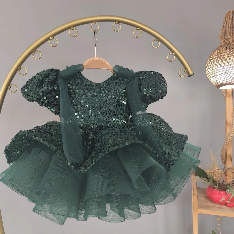 Vestido de tul con lentejuelas verde esmeralda para niña - imagen 4
