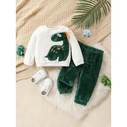 Conjunto bebé recién nacido de felpa con dinosaurios y pantalón verde