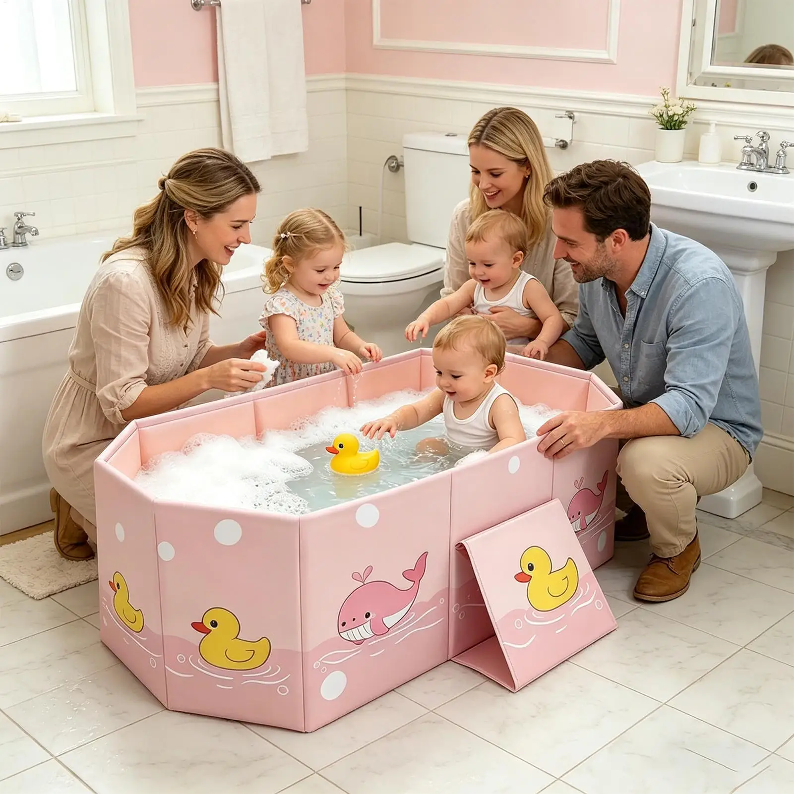 Bañera bebé plegable con drenaje compacta y segura para niños - imagen 4