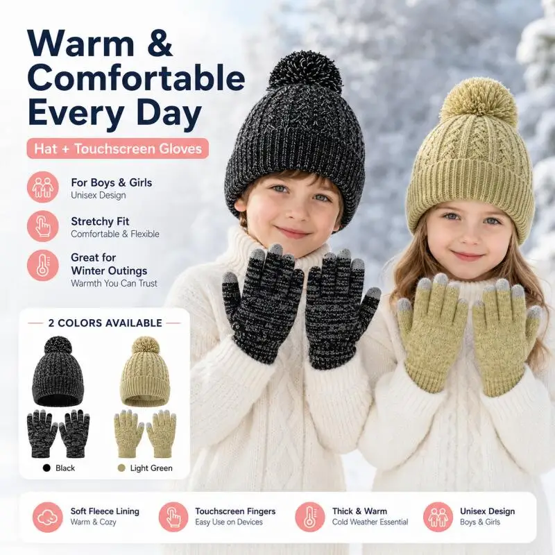 Conjunto gorro y guantes táctiles de punto cálido infantil - imagen 3