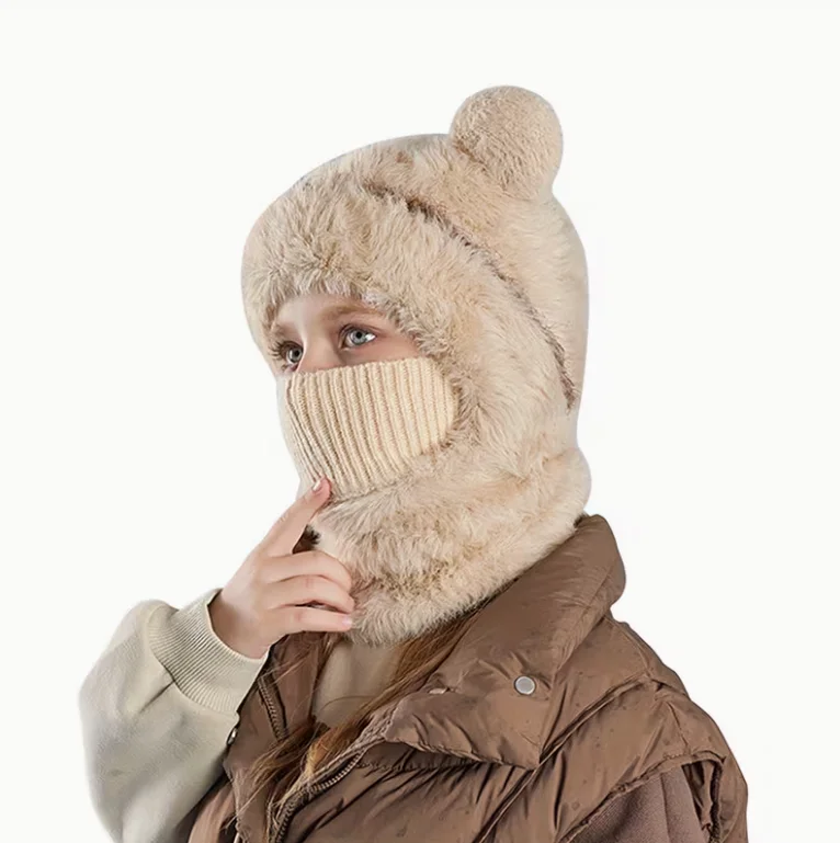 Gorro polar con orejas de oso y calentador de cuello para niña – Felpa suave