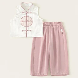 Conjunto de verano para niña con top de malla sin mangas y pantalón