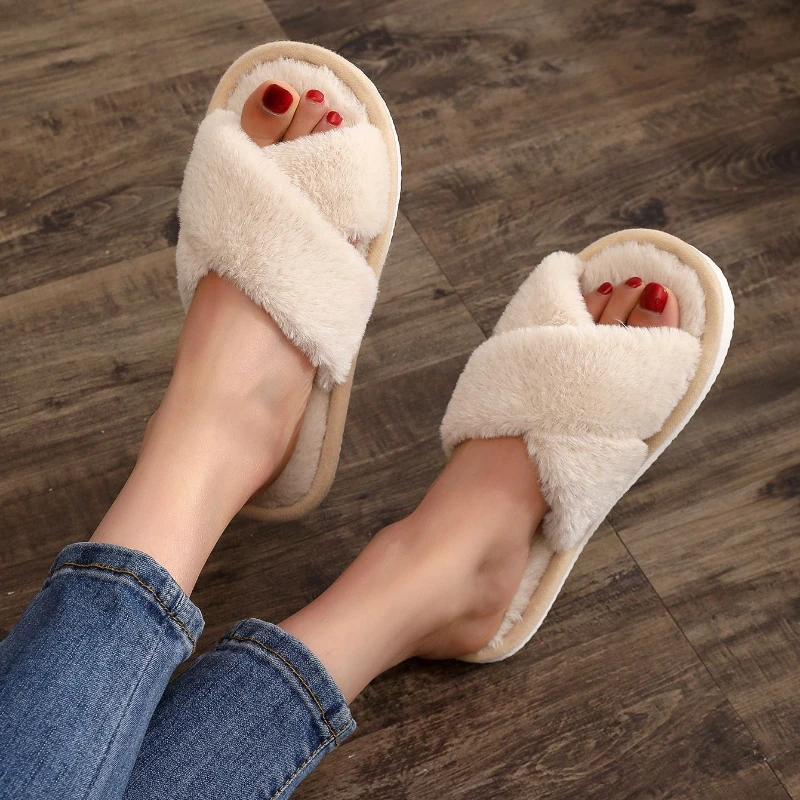 Zapatillas de casa de piel con tiras cruzadas cálidas para otoño - imagen 2