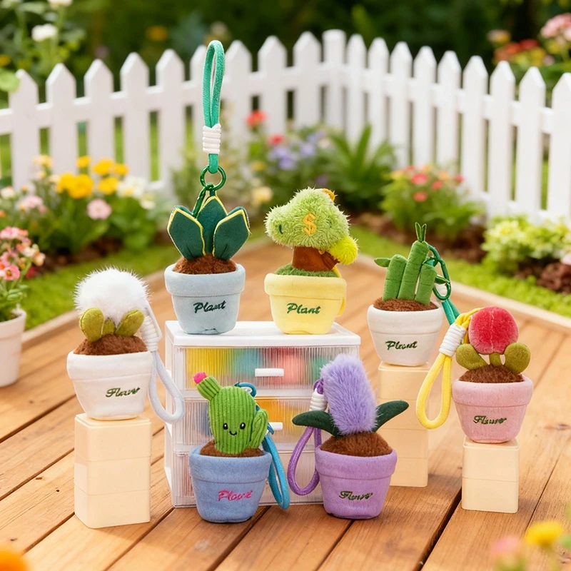 Llavero peluche de cactus y tulipán en maceta colgante para bolso