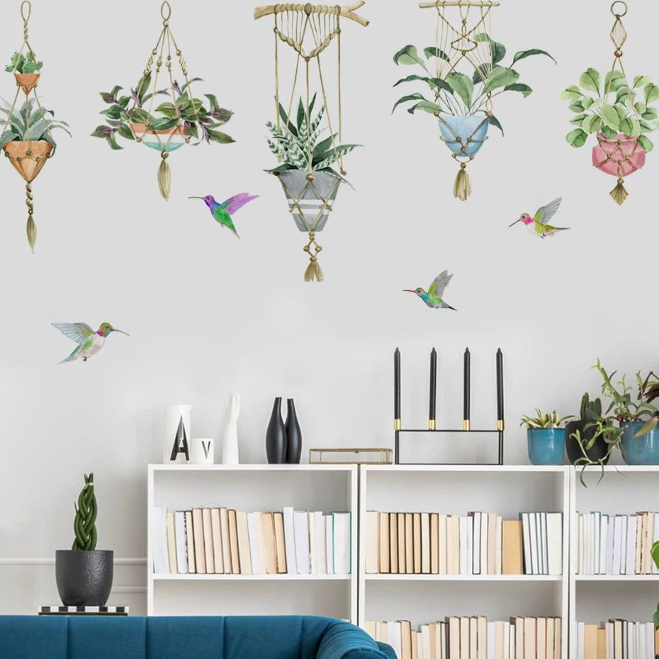 Pegatinas de pared con plantas y pájaros verdes acuarela para hogar - imagen 3