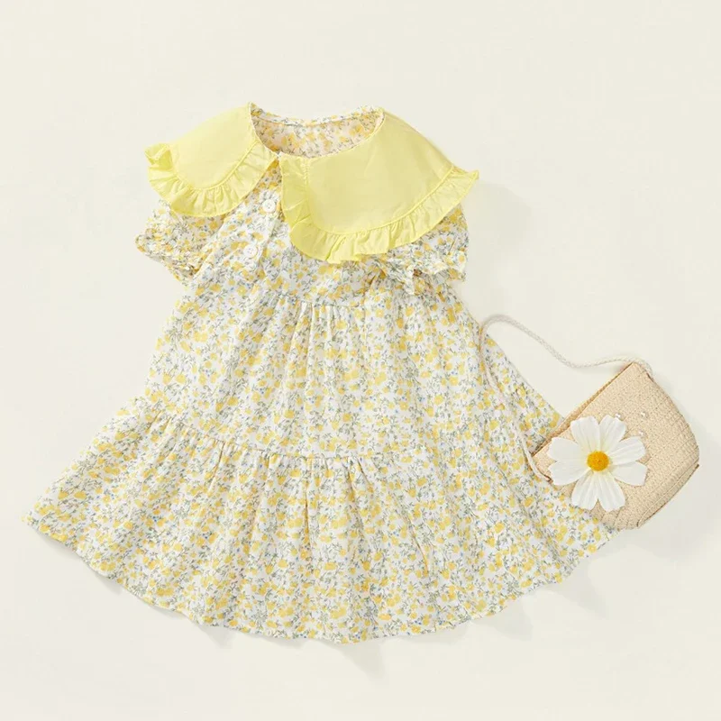 Vestido de verano para niña con cuello y estampado floral manga corta - imagen 3