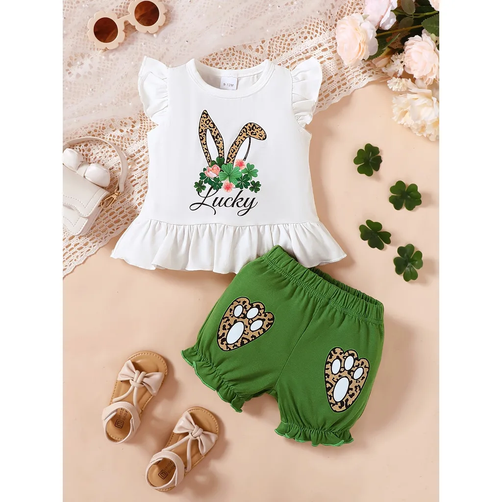 Conjunto verano bebé: top sin mangas conejito y shorts verdes