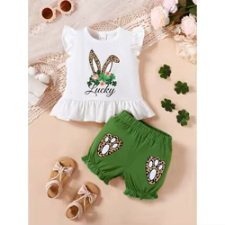 Conjunto verano bebé: top sin mangas conejito y shorts verdes