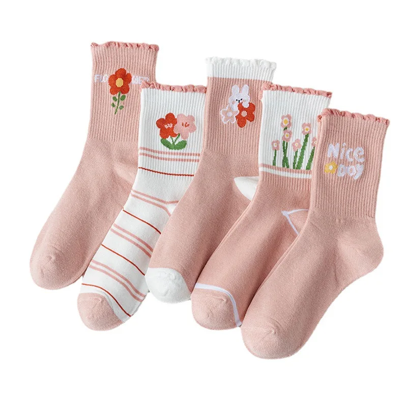 Calcetines de algodón suave para niñas con flores rosadas