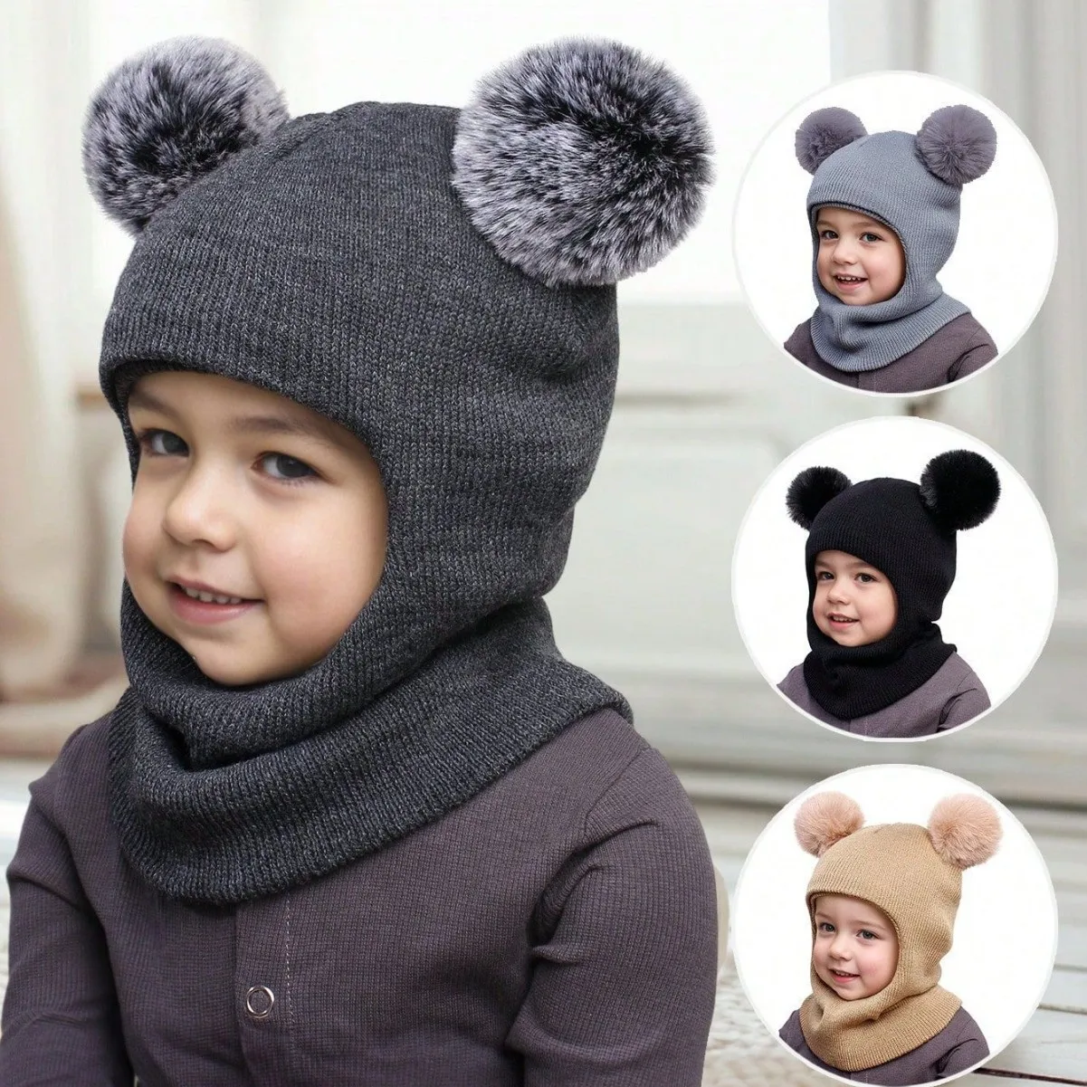 Gorra infantil gruesa de invierno con cuello calentador y orejeras