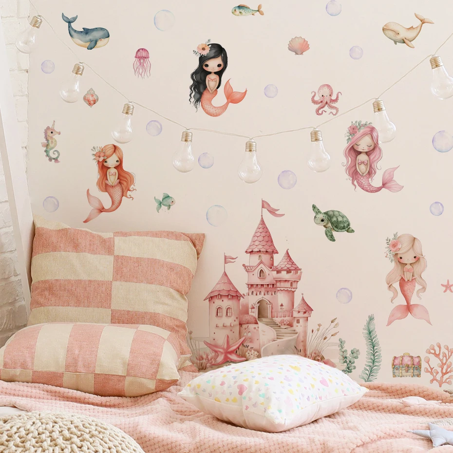 Adhesivo de pared sirena para habitación infantil y baño rosa - imagen 4