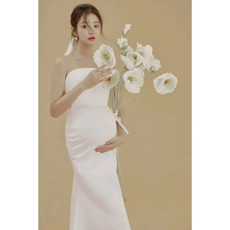 Vestido premamá largo blanco elegante para bodas y fotos de maternidad - imagen 4