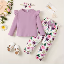 Conjunto niña 3: manga larga, camisa acanalada y pantalón floral