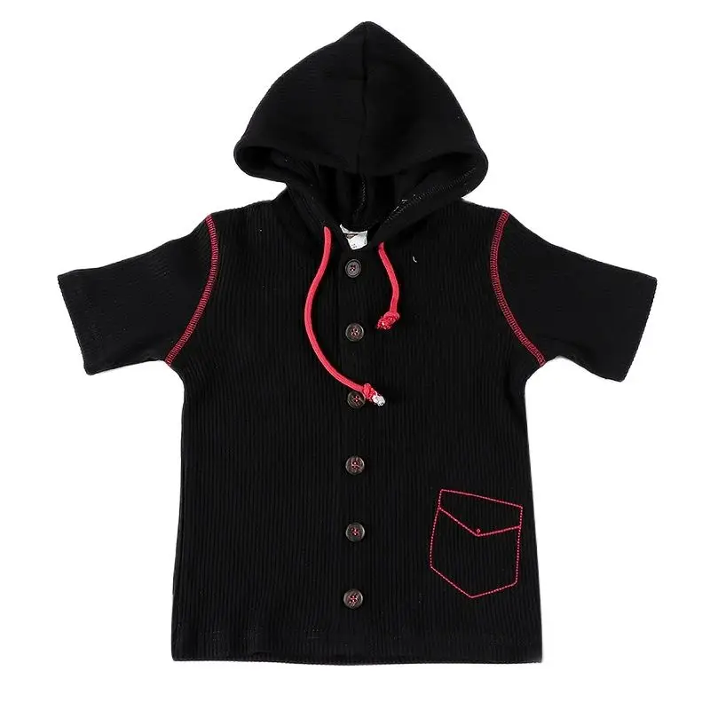 Camiseta negra acanalada para niña con capucha y botones