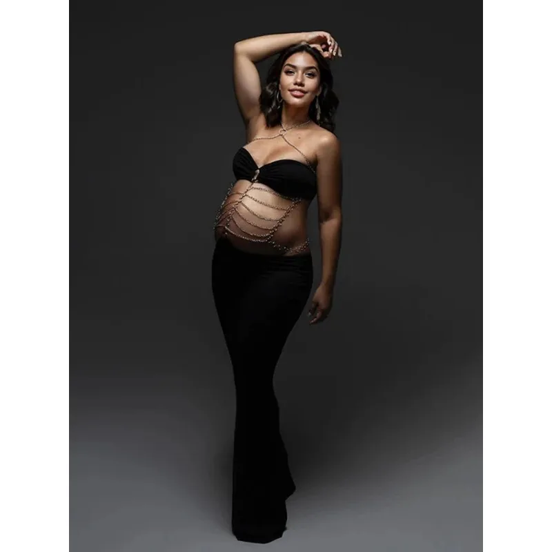 Vestido de maternidad negro sin tirantes para sesión de fotos - imagen 4