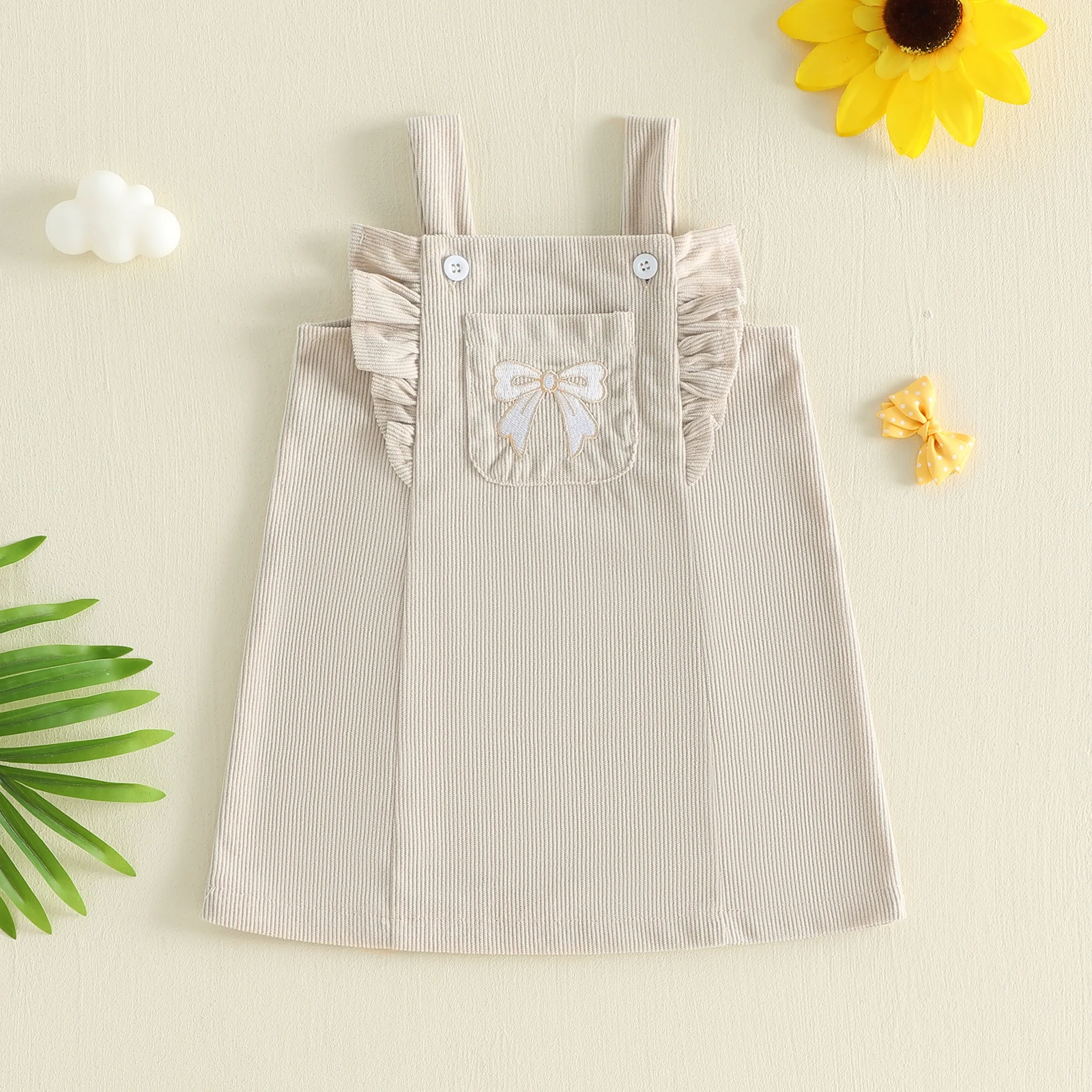 Vestido de pana con tirantes para bebé niña: lazo bordado y volantes - imagen 5