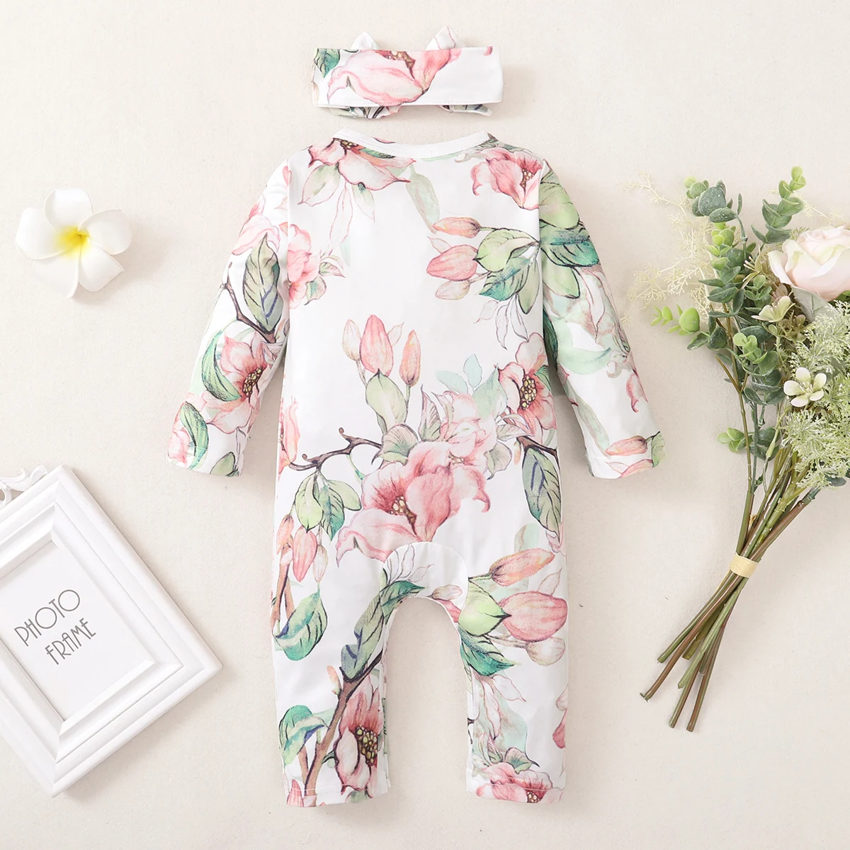 Pelele floral para bebé niña 0-18 meses con volantes y diadema - imagen 4