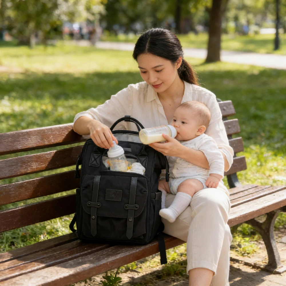 Bolsa para pañales impermeable para cochecito, gran capacidad negro - imagen 3