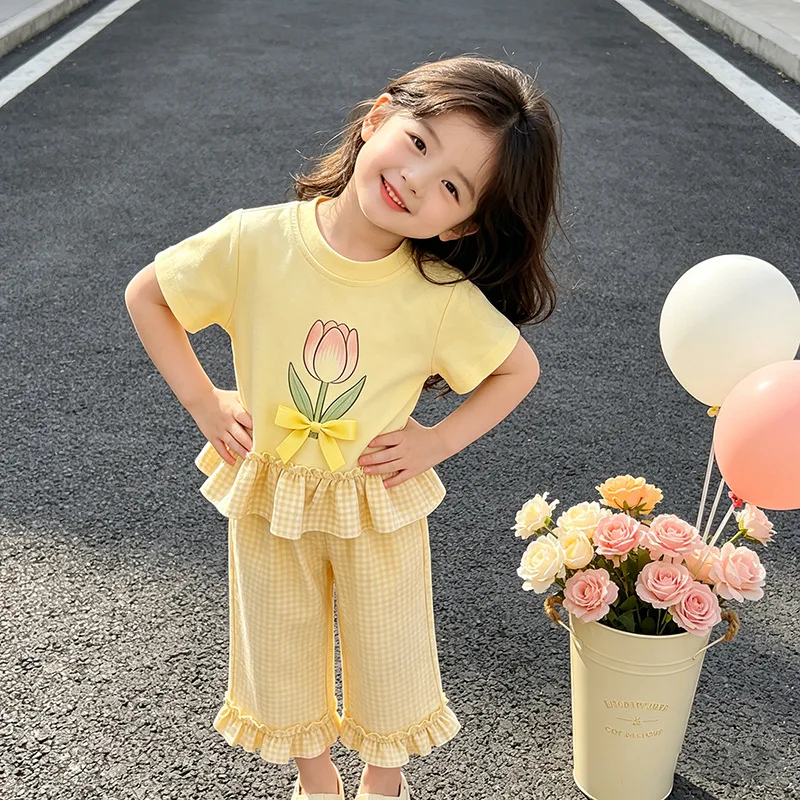 Conjunto de verano niña Somenie con camiseta a cuadros y lazo - imagen 4