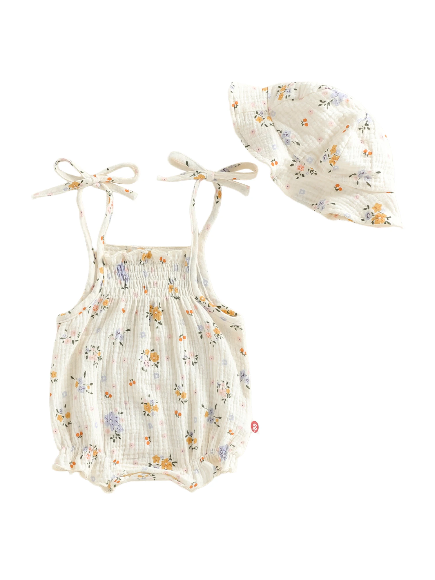 Mameluco floral sin mangas con tirantes y sombrero