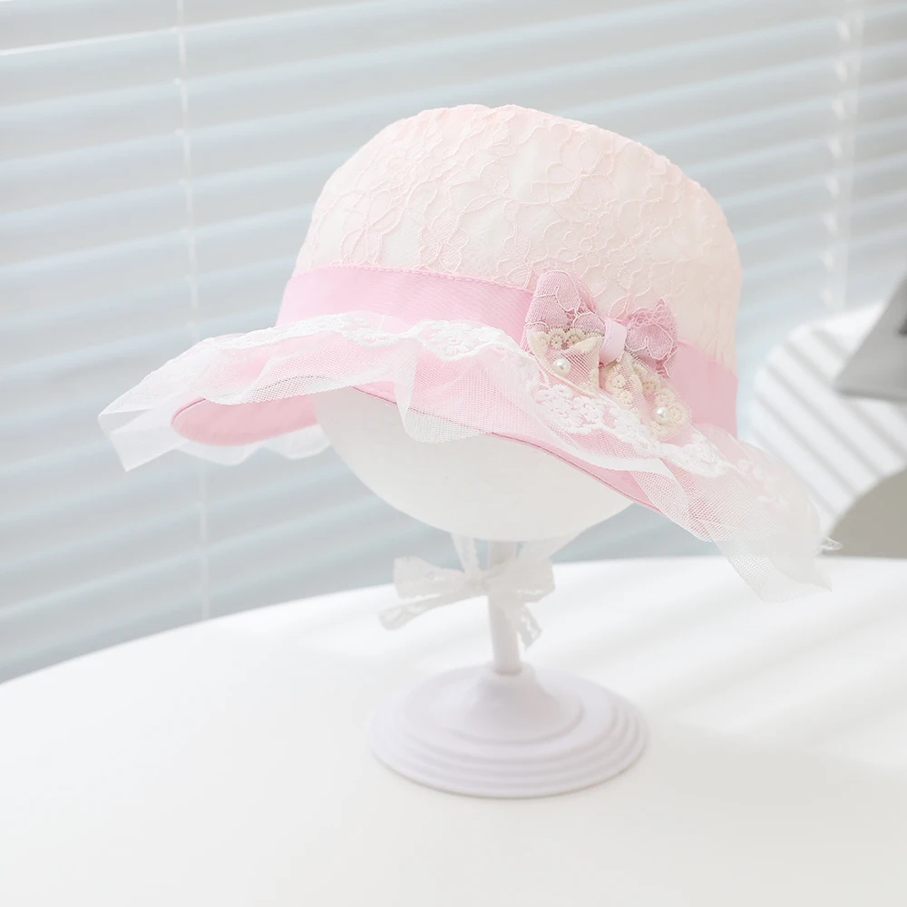 Sombrero de sol bebé con encaje y lazo de perlas para niñas