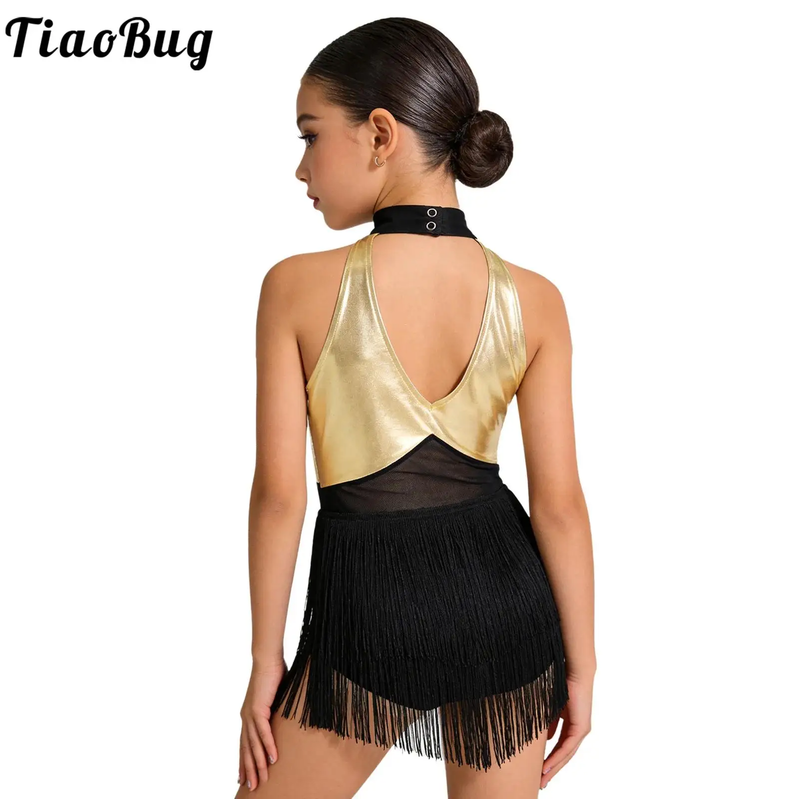 Traje de baile latino para niña de leotardo con lentejuelas y borlas - imagen 3