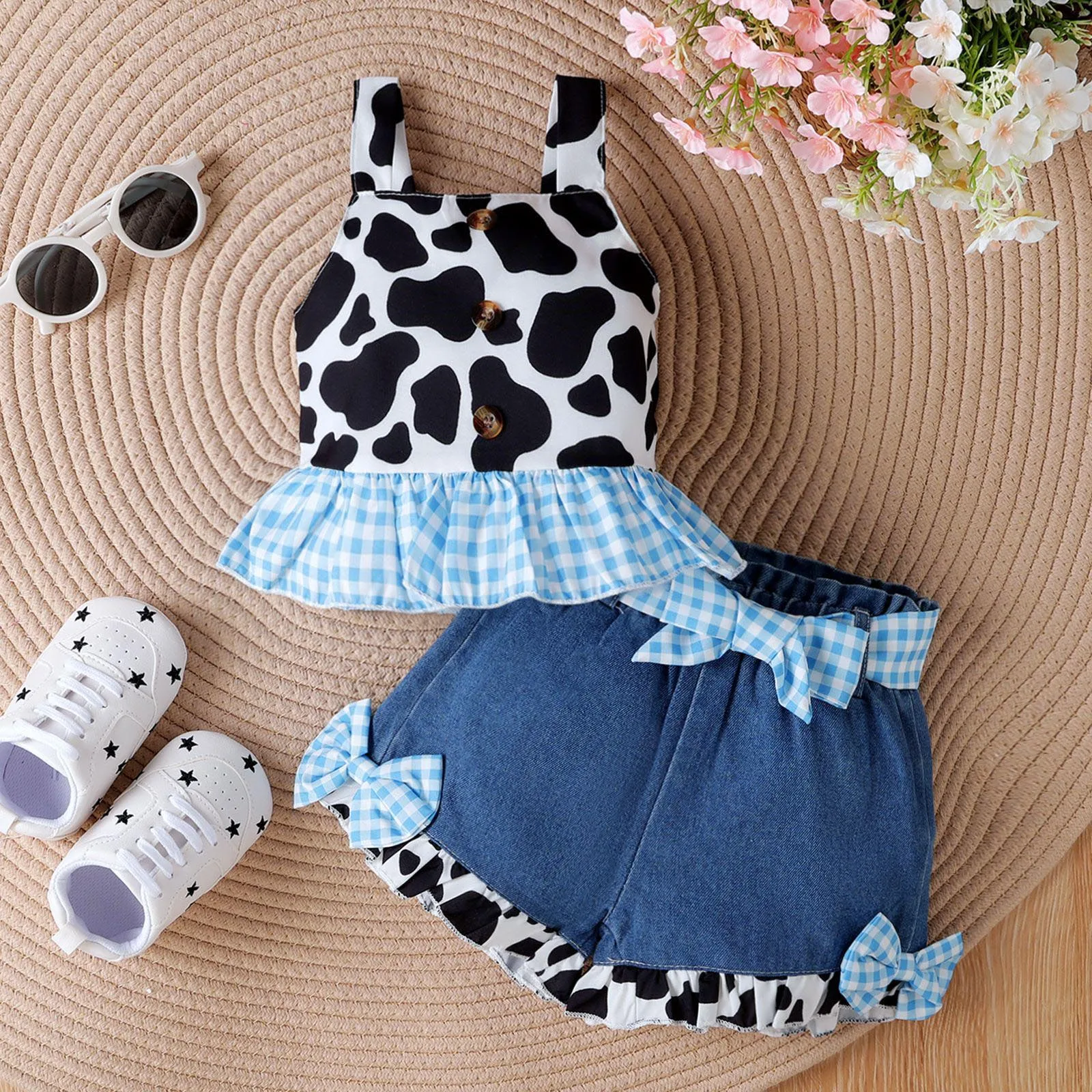Conjunto vaquera bebé niña sin mangas a cuadros y pantalón corto lazo - imagen 5