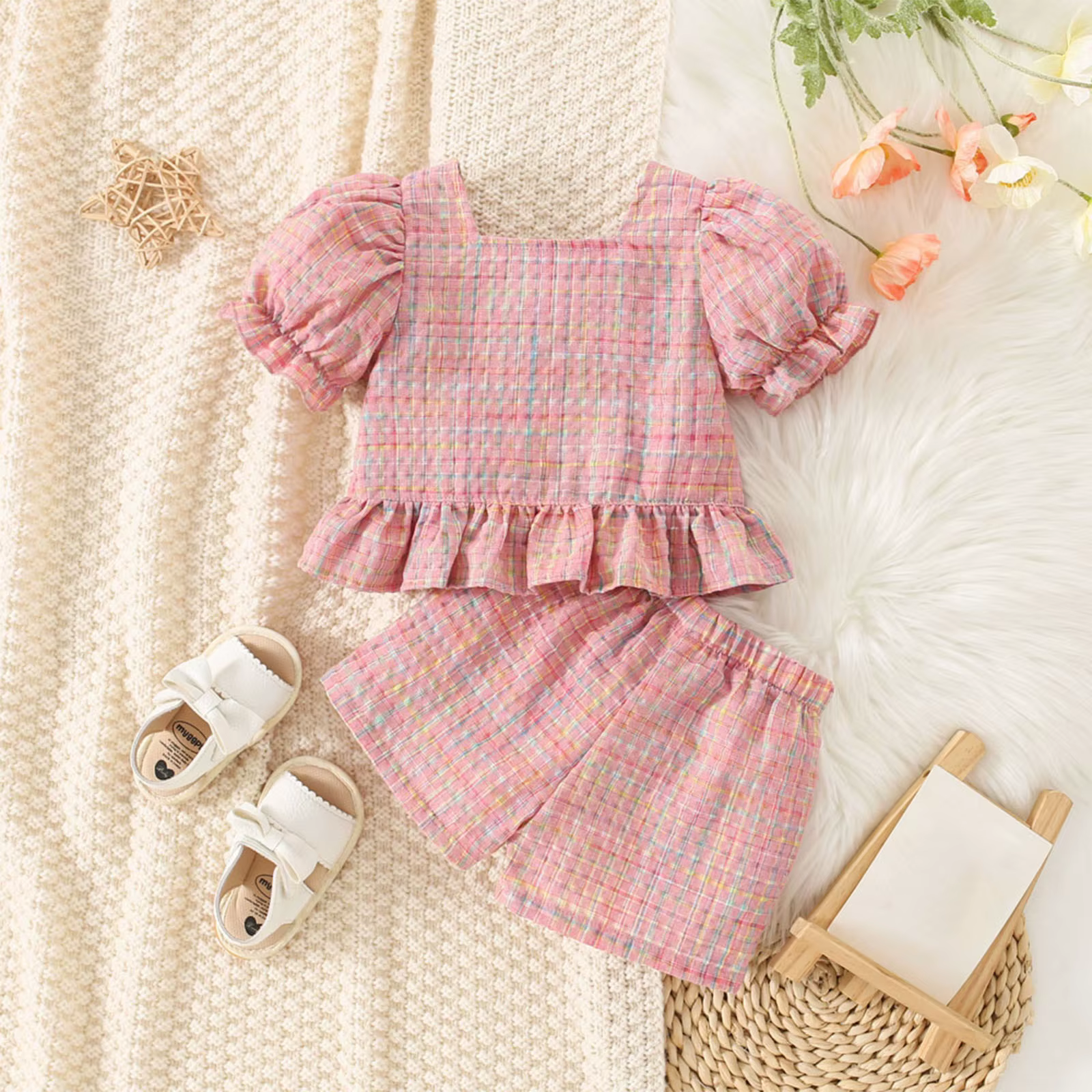 Conjunto de cuadros para niña de verano con blusa y pantalón corto