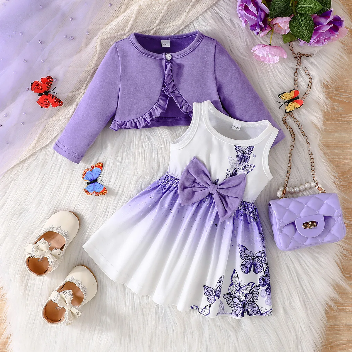 Conjunto bebé niña manga larga de algodón con vestido mariposa y lazo - imagen 2