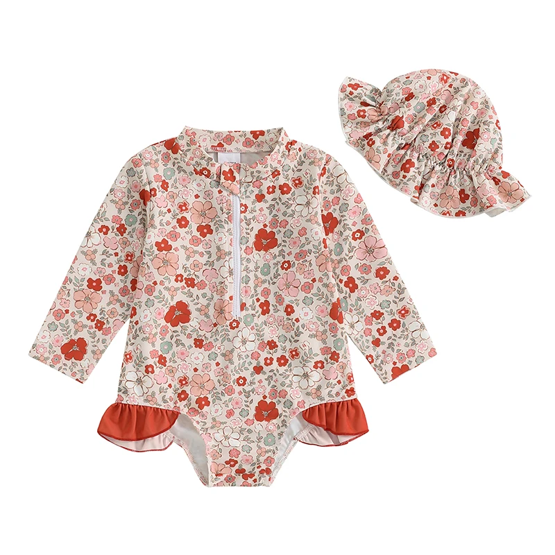 Traje de baño antisarpullidos manga larga floral con gorro y volantes - imagen 2