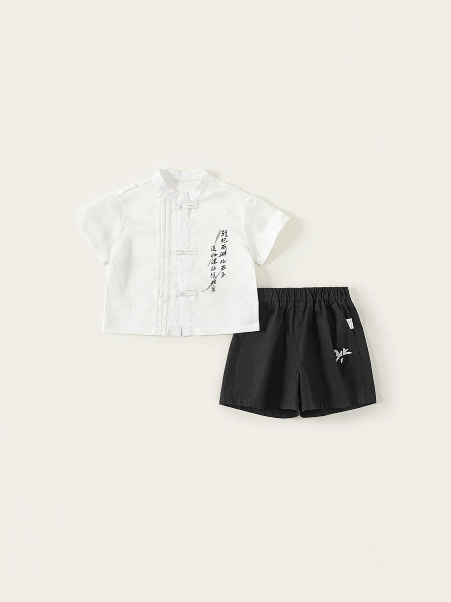 Conjunto de verano con camiseta estampada y Shorts negros para niño