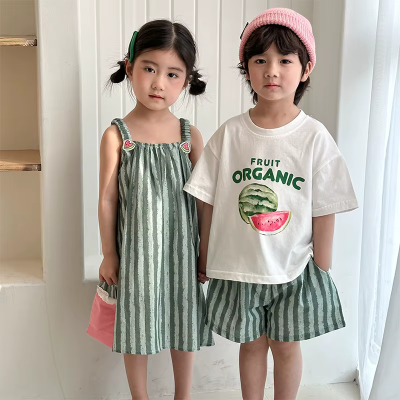 Conjunto verano niños camiseta y shorts rayas algodón + vestido tirantes - imagen 2