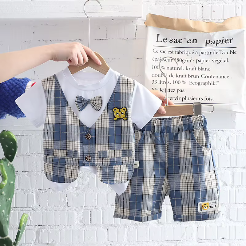Conjunto veraniego infantil de algodon: camiseta a cuadros y shorts - imagen 4