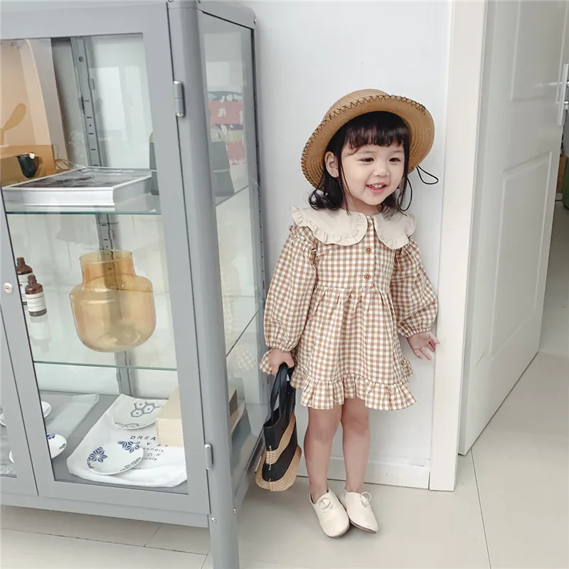 Vestido de lino a cuadros manga larga para niña primavera otoño - imagen 5