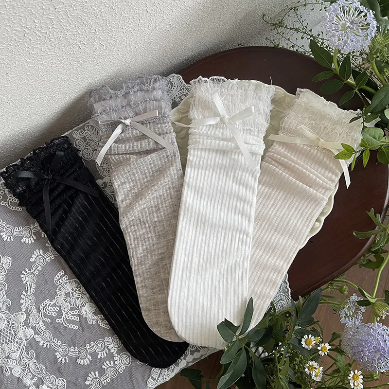 Calcetines altos de encaje con lazo y volantes para niñas respirables