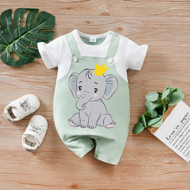 Mono bebé recién nacido estampado elefante verde, manga corta verano