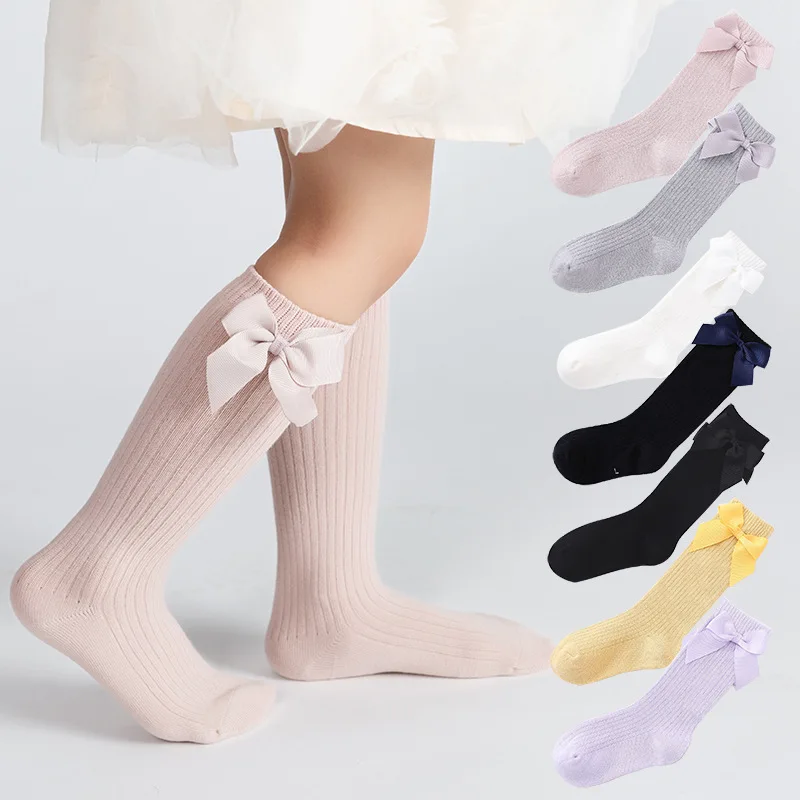 Calcetines altos de algodón con lazos para niña estilo princesa