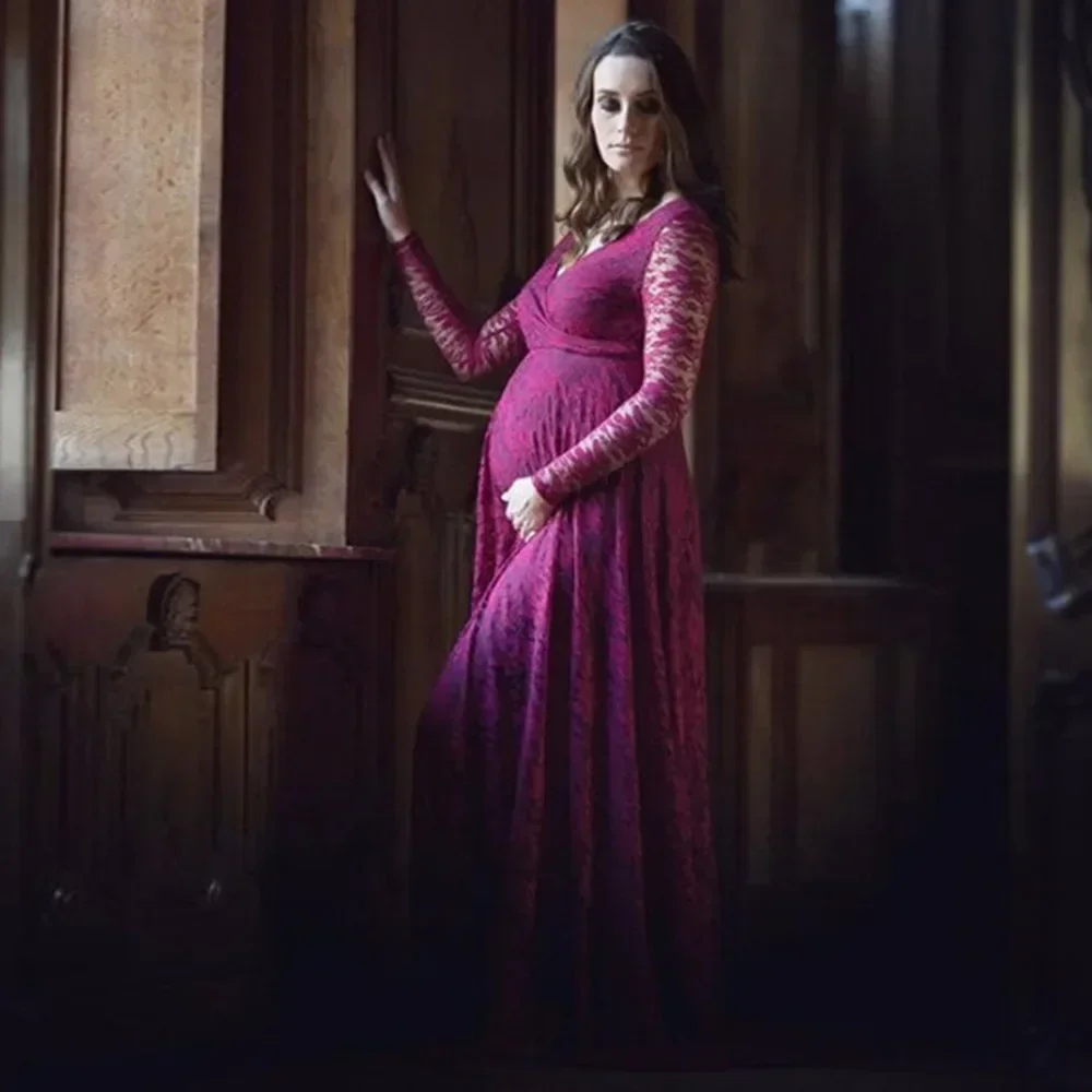 Vestido de embarazo manga larga encaje cuello en V vino tinto - imagen 3