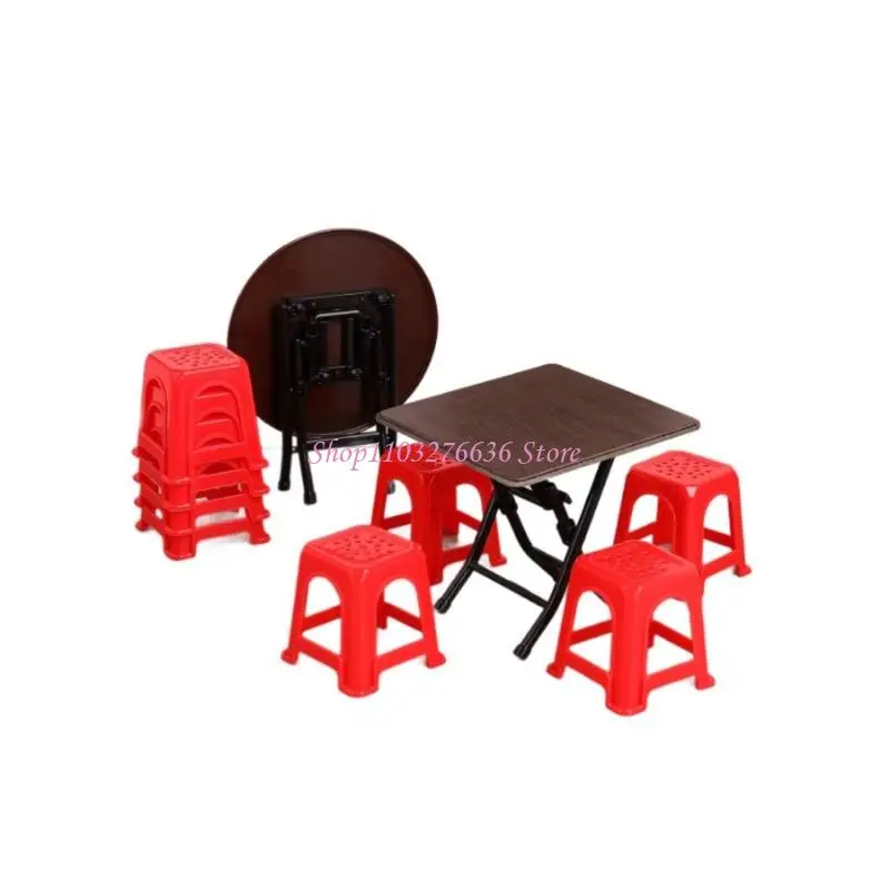 Vista general del conjunto de muebles en miniatura R6FD con mesas y taburetes