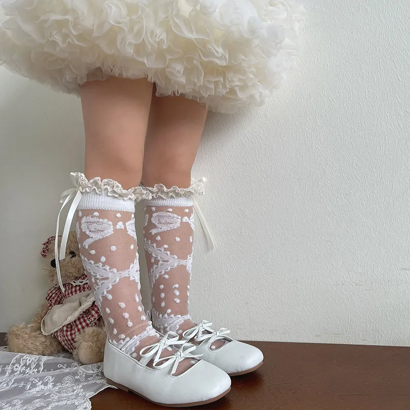 Calcetines altos de encaje Jacquard con lazo para niños y niñas - imagen 3