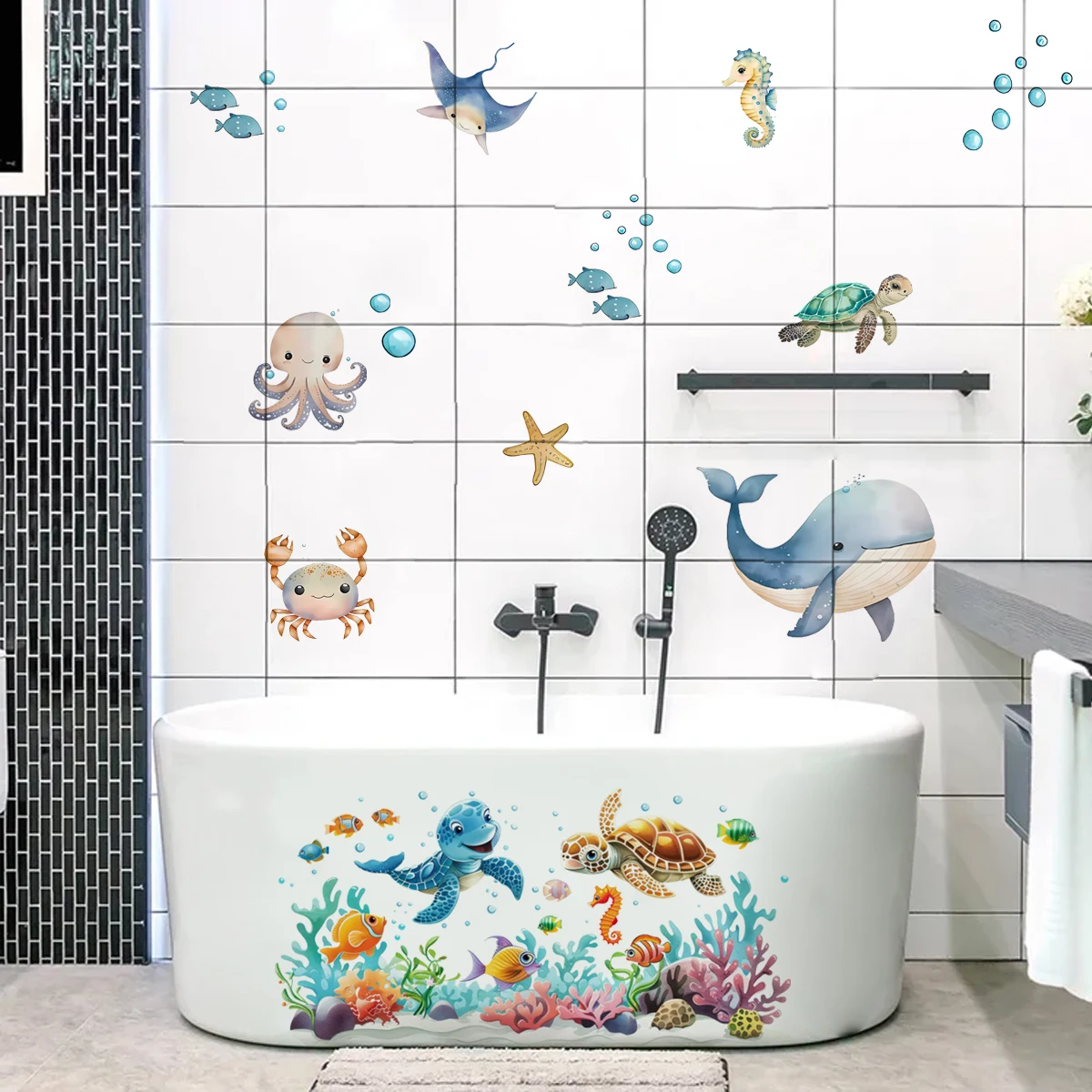 Pegatina mural acuarela de animales marinos con coral y tortuga - imagen 2