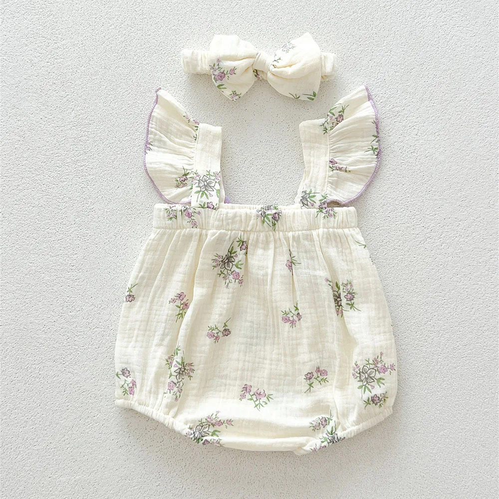 Body de lino con volantes floral para bebé con diadema - imagen 3