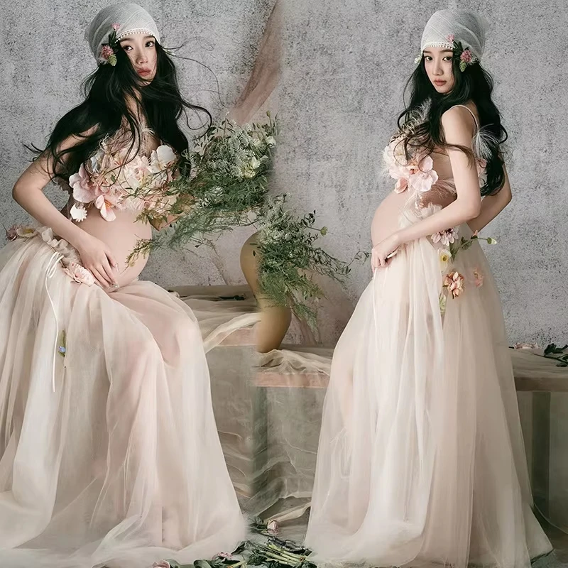 Conjunto premamá floral con falda de tul para sesión de fotos - imagen 4