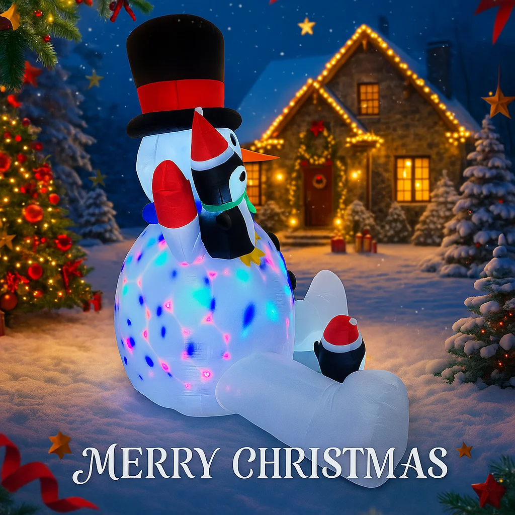 Pingüinos y adorno navideño inflable