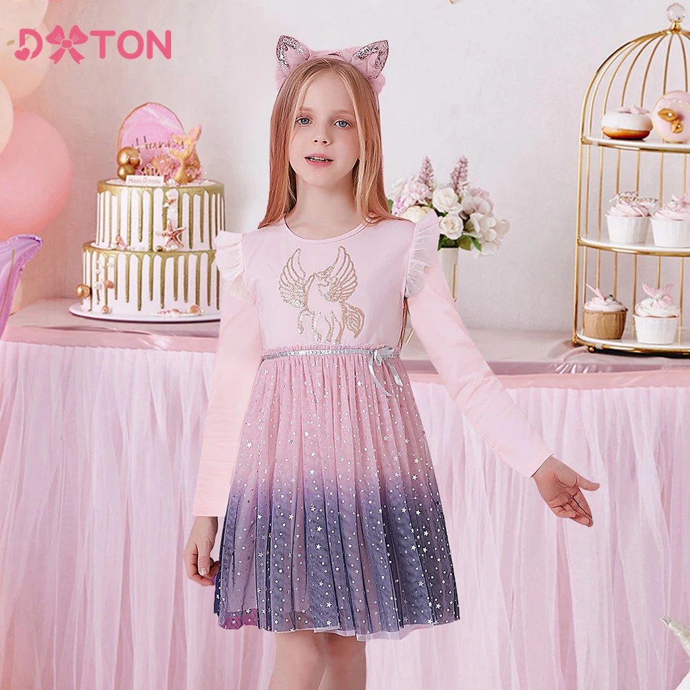 DXTON Vestido unicornio infantil de manga larga - estilo princesa - imagen 3