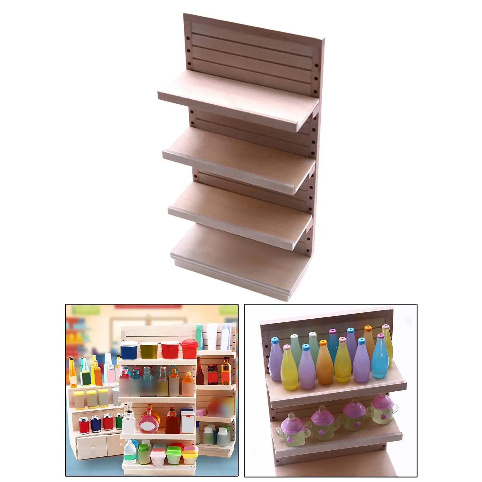 Estantería en madera para casa de muñecas con mini vasos y latas - imagen 4